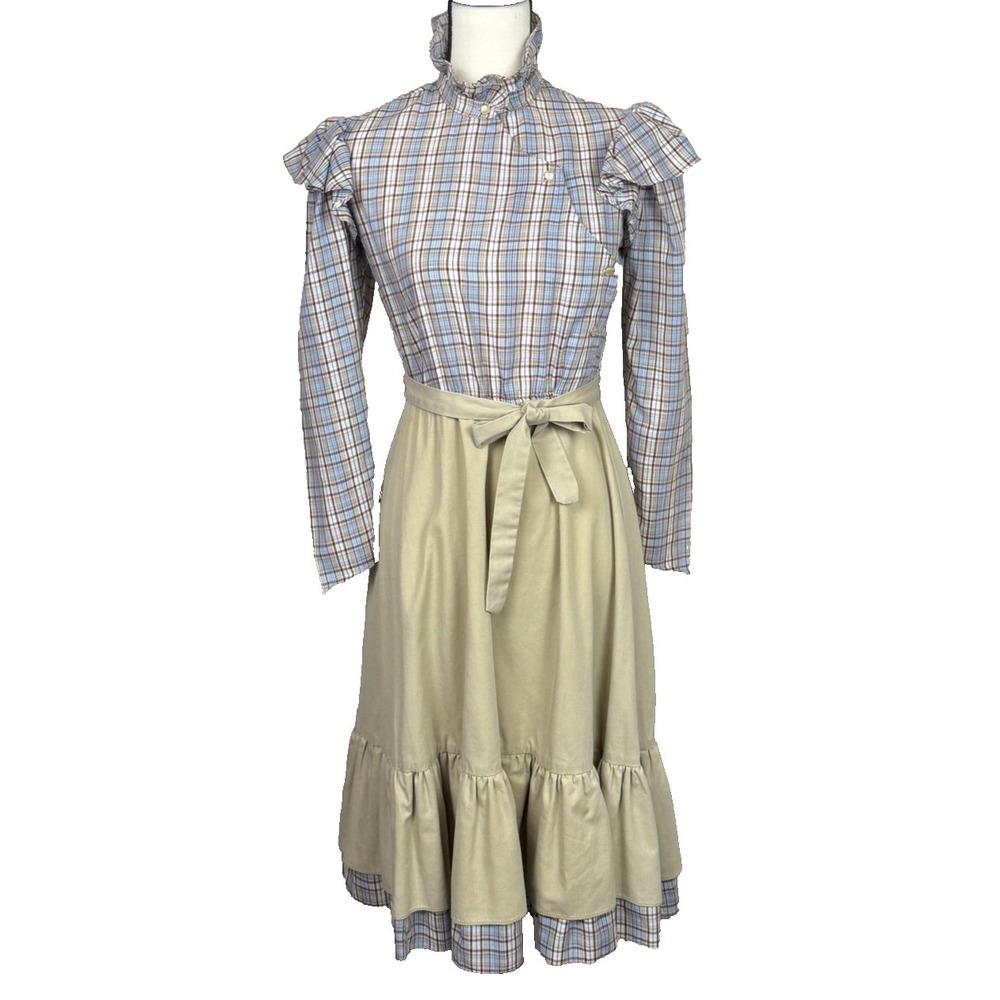 Vtg Prairie Dress Womens S Beige Plaid High Neck Belted Ruffle Midi 80s Cottage